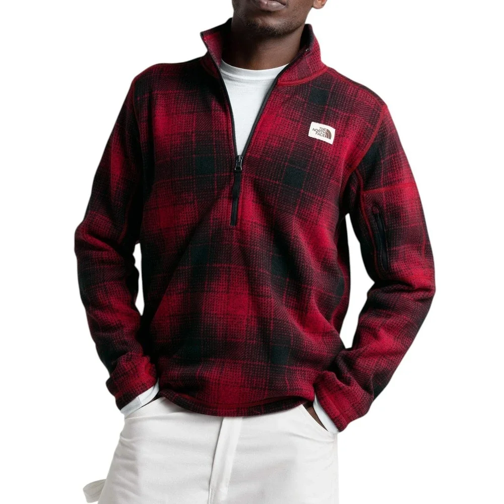 The North Face Gordon Lyons 1/4 Zip Fleece Mens Large Cardinal Red Ombre Plaid